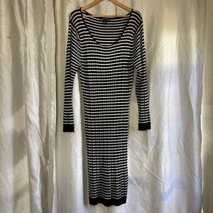 Plus Size Black & White Striped Long Sleeve Maxi or Midi Sweater Bodycon Dress